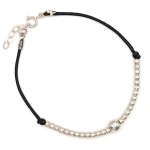 Sterling Silver 925 Bead Black Leather Cord Bracelet Adjustable 6mm Central Bead